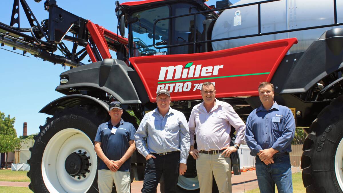 Terry Clarke, McIntosh and Son Sales Dalby; Scott Jameson, Miller Sales NSW and QLD; Ross Cheshire, McDonald Murphy Bundaberg; and Adam Cropper, Sprayerbarn Dubbo NSW with the new Miller Nitro 7000 series.