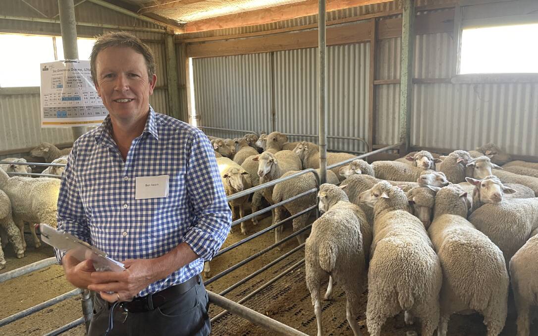 Ben Swain, executive officer of the Australian Merino Sire Evaluation bringing the attendees at the Dohne Sire Evaluation at Coonong Station, Urana, up to date with the latest results.