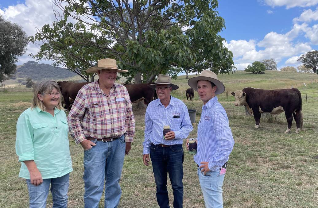 Buyers of the top priced Hereford bull, Irene and Gordon Moon, Wulgulmerang, Victoria, with vendors Ross and Blake Smith, Glenellerslie Hereford and Poll Hereford stud, Adelong.