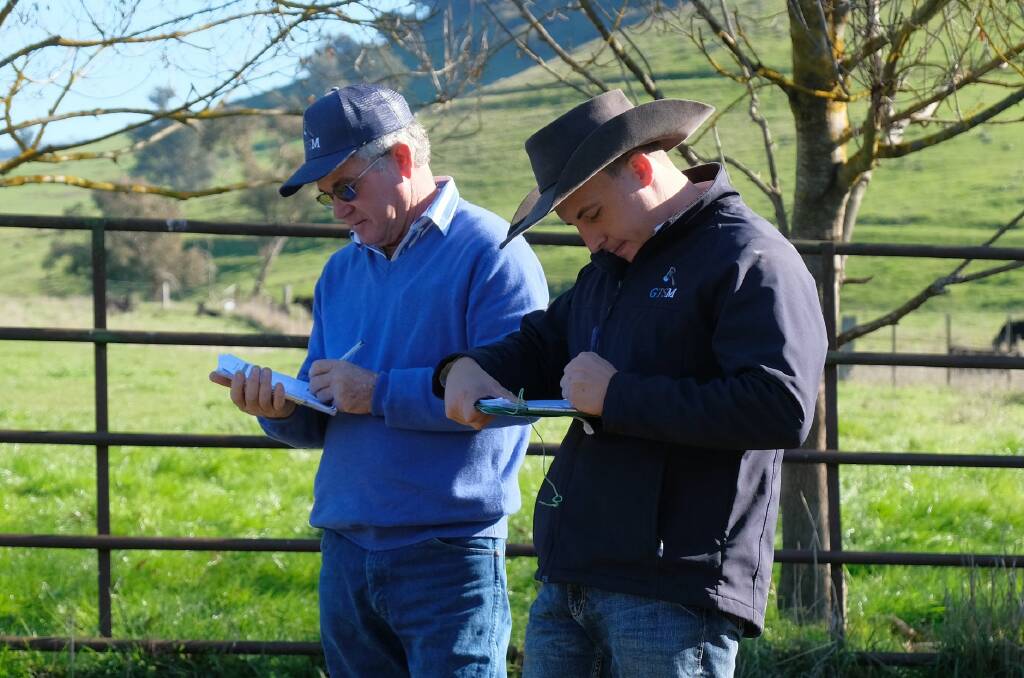 Judges for 2019 Upper Murray Beef Producers Breeders Competition Gerald Spry, Sprys Shorthorns and Angus, Wagga Wagga and Lincoln Mckinlay, auctioneer and assessor with Glasser Total Sales Management taking notes in the cattle yards. All photos: Jingellic Show Society 
