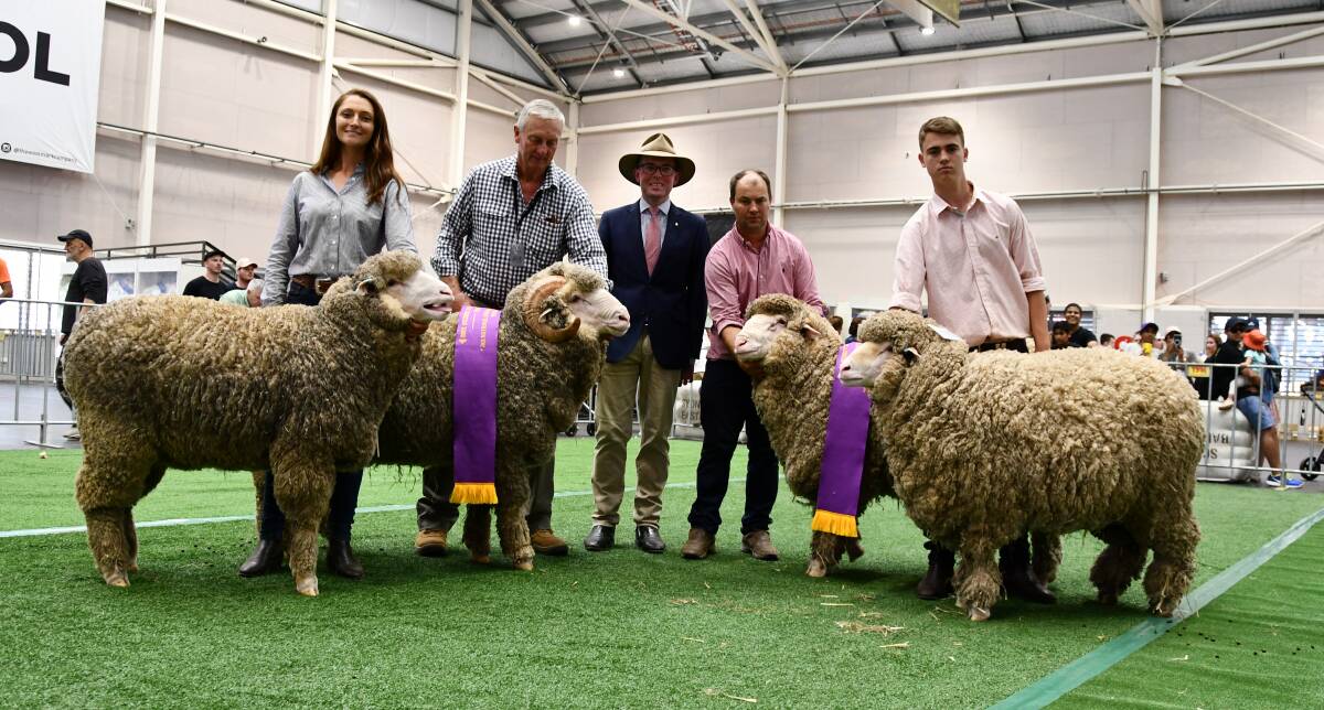 Champion Merino pairs - Avalon McGrath and David Zouch, Hollow Mount, Crookwell, Adam Marshall, NSW Minister of Agriculture, Jock and Charlie McLaren, Nerstane, Walcha.