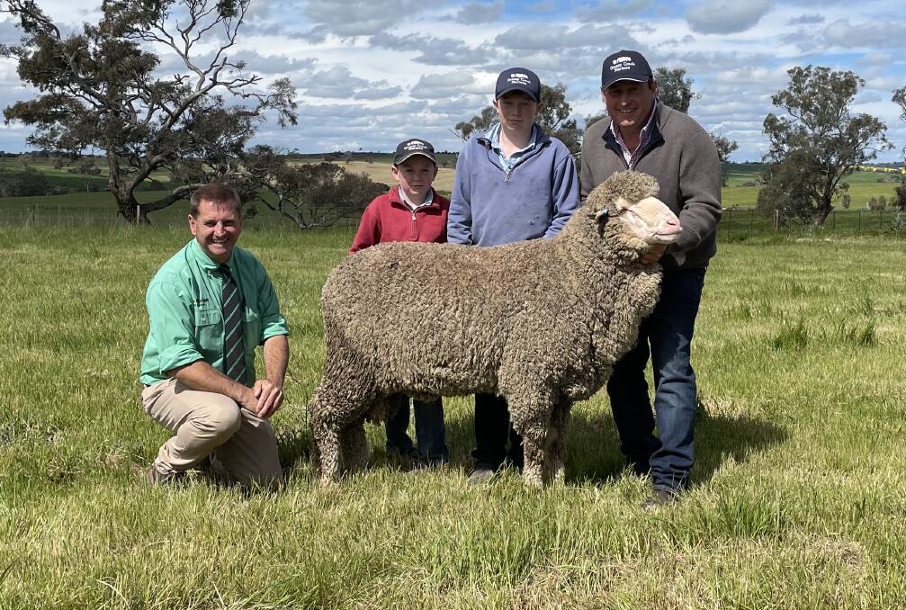 Rick Power, Nutrien stud stock, with Toby, Hughie and Mick Corkhill, and the $9500 purchase made by Goorama Pty Ltd, Galong.