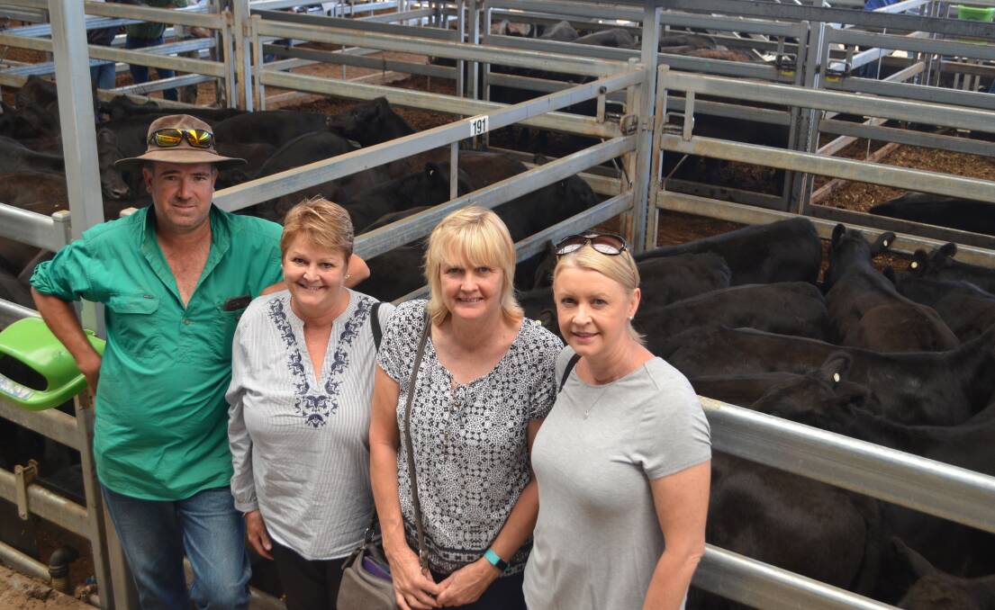 Proudly displaying their pens of Angus steer weaners, Jeremy McNamara, grandson of late Allan Kohlhagen and property manager, "Cabarita", Holbrook, his mother Dianne McNamara and aunts Vicki Dudley and Glynis Richards (daughters of late Allan Kohlhagen). The six-seven month steers sold for $995.