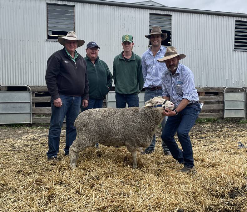 Equal top priced ram - Stephen Chalmers, Nutrien stud stock, Bruce and Fred Peat, Echuca, vendor Sandy Pye and studmaster Jason Southwell.