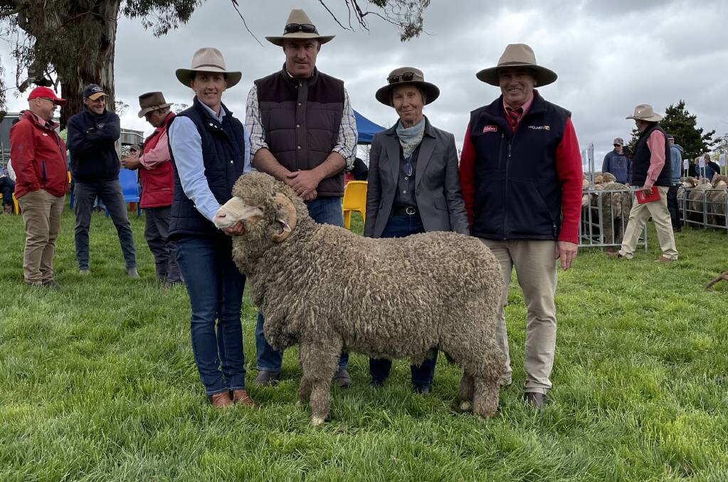 With the top priced ram, Kristina and Simon King, Avonside Merinos, Cooma, buyer Coleen McCoy, Ando, and Elders, Cooma, livestock agent Tim Scholfield.