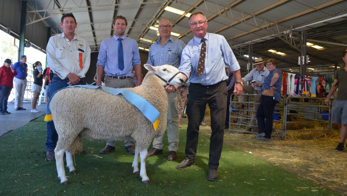 Sheep steward Ashley Wilson, Cameron Letham and Paul Jarick congratulate Simon Makeham, North South Border Leicesters, for his supreme prime lamb sire.