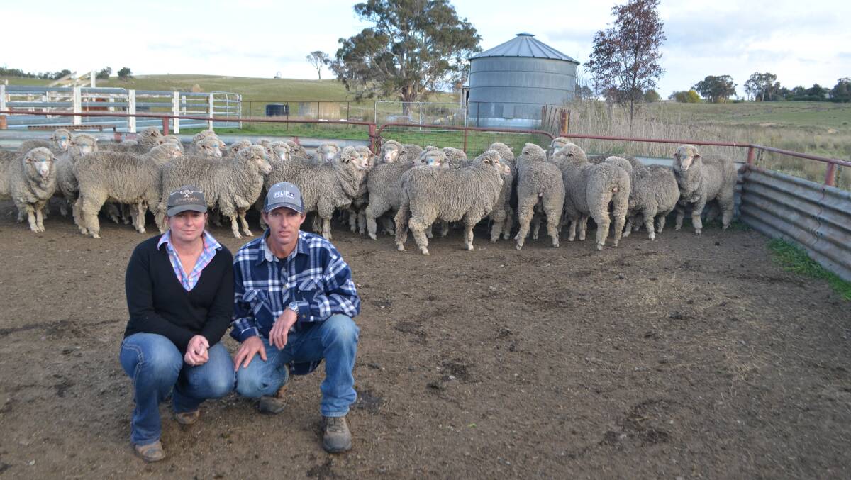 Jane and Brett Constance, "Athlone", Peak View, with their July-shorn Yarrawonga-blood Merino ewes, awarded the John Mooney Trophy for Overall Winner of the 88th Berridale Merino ewe competition.