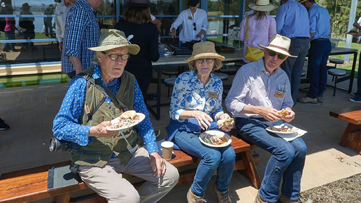 At Mt Narra Narra, Holbrook artist John Wolseley from Bendigo and Gail and Ian Davis from Mountain Creek near Holbrook enjoyed lunch during the Earth Canvas Open Day where artists and Regenerative farmers discussed with a crowd of people how regenerative farmers are building soil health to build more profitable business.
