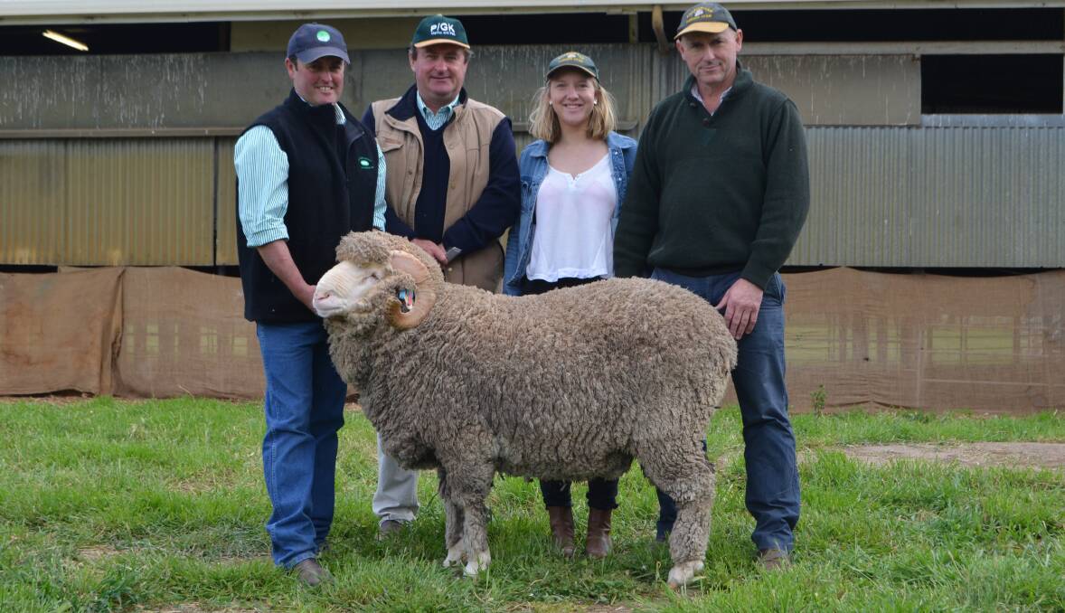 Sean Carroll and John Sutherland, Pooginook Merinos, with Imogen and Tony Inder, Allendale Merinos, Wellington, with $15,000 ram. "I return to Pooginook because I am getting predictable results in my long-term breeding program."