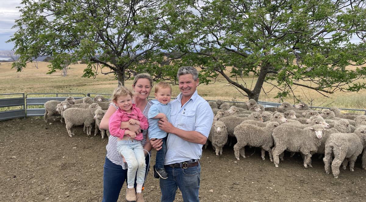 Lily, Sarah, Mac and Davo Weir, Bertangles, Bookham, proudly display their maiden Bogo-blood Merino ewes which were judged first in the competition.