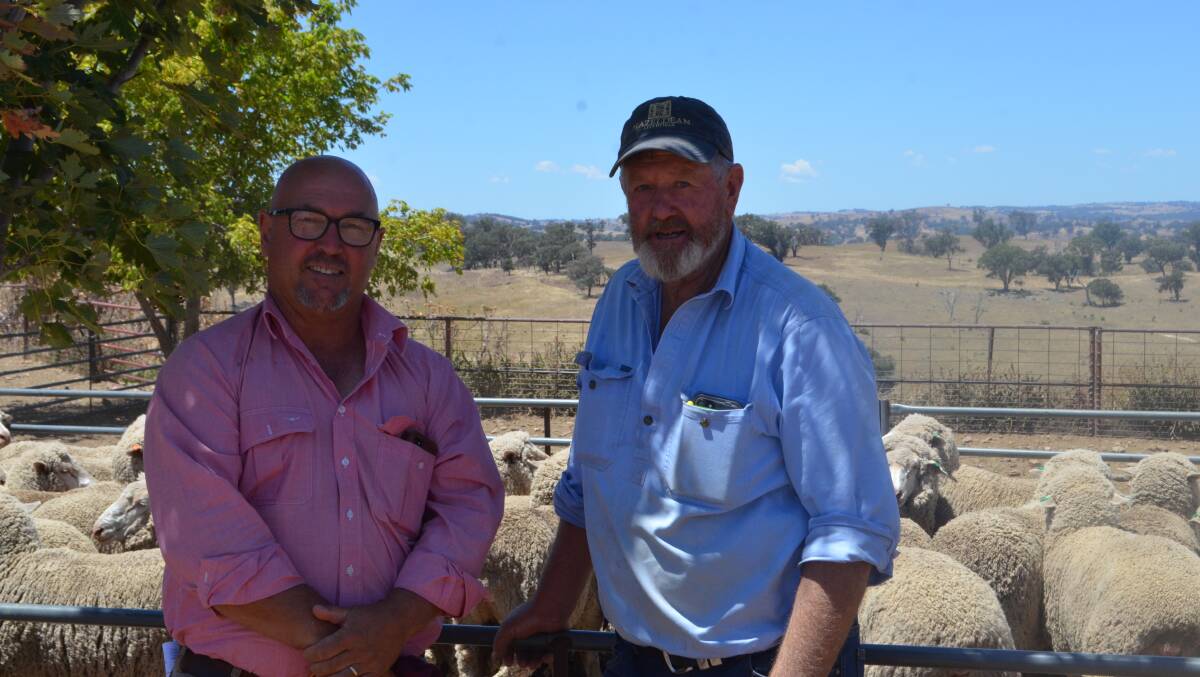 Craig Pearsall, Elders Goulburn wool specialist with Brian Anderson, Lower Sylvia Vale, Binda who was the winner of the 13th ANZ Crookwell Flock Ewe Competition. 