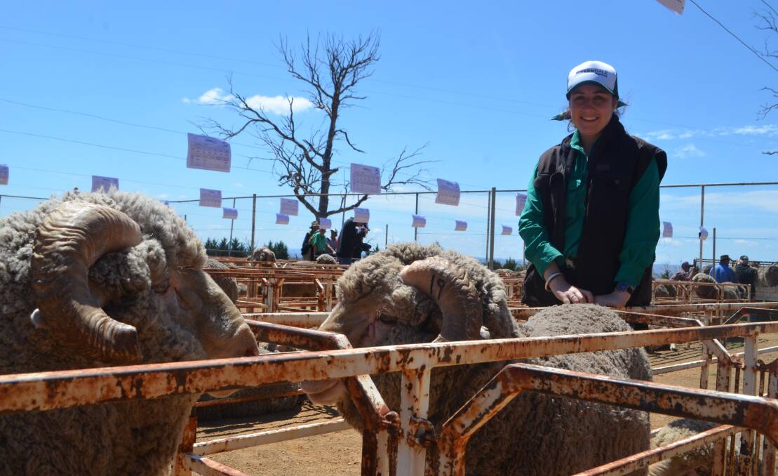 Florance McGufficke at her family's Merino ram sale near Cooma: “My interest in agriculture as a fulfilling career was formed from working alongside my parents Alan and Michelle and my sisters Miranda and Ivy in the sheep yards, shearing shed and paddocks,” she said.