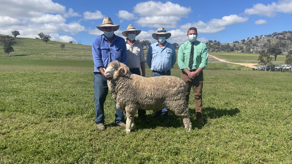 Top priced ram: Richard Chalker, Lach River principal, Lawrence Clifford, Bindaree, Berridale, Breet Povey, SBBL, Cooma, and auctioneer Tim Woodham, Nutrien.