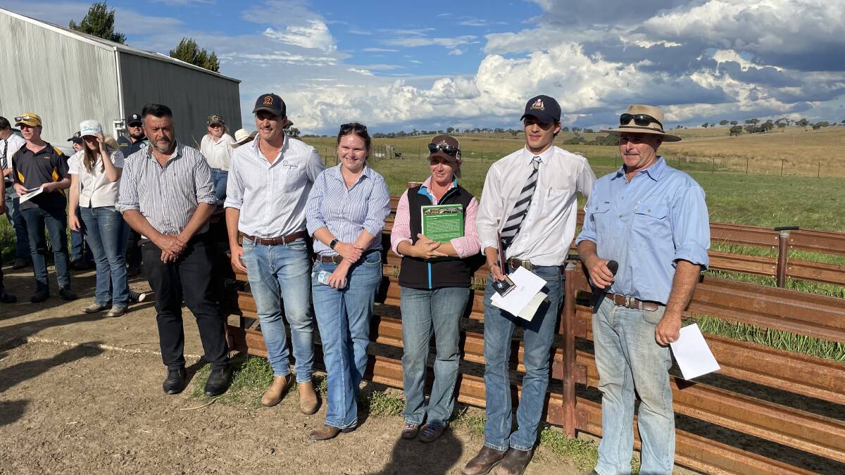 2022 Junior Judging winner conducted alongside the 2022 Southern Tablelands Flock Ewe Championship winner - Drew Chapman, president NSW Stud Merino Breeders Association, George Lehmann, Brooke Watts and Sarah Stapleton, AWI, Archie Dowling, St Stanislaus College, Bathurst and event convenor Michael Lowe, Crookwell Show Society.