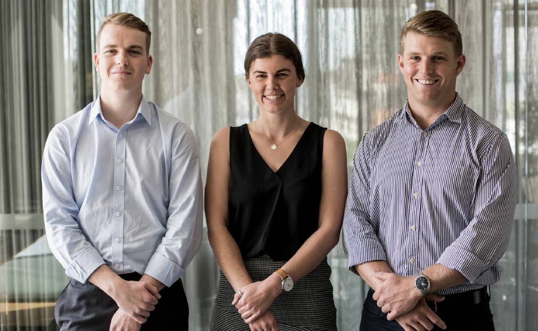 Excited about the opportunity to work with AWI: Blake Chandler, Ellie Bigwood and Ben Madgwick about to commence their careers in the wool industry. Photo: supplied.