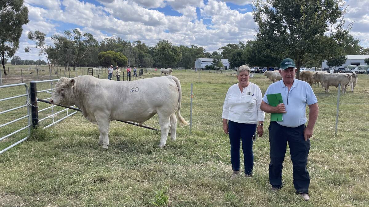 The top priced bull at $20,000 with vendor Ann-Marie Collins, Kenmere Charolais, Holbrook, with buyer Frank Hill, Heathcote, Victoria.