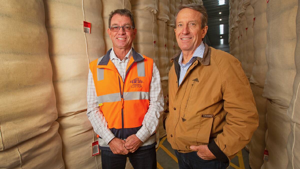 Southern Cotton Chairman Larry Walsh (left), and Queensland Cotton Executive General Manager, John Robinson announcing the expansion plans. Photo: supplied
