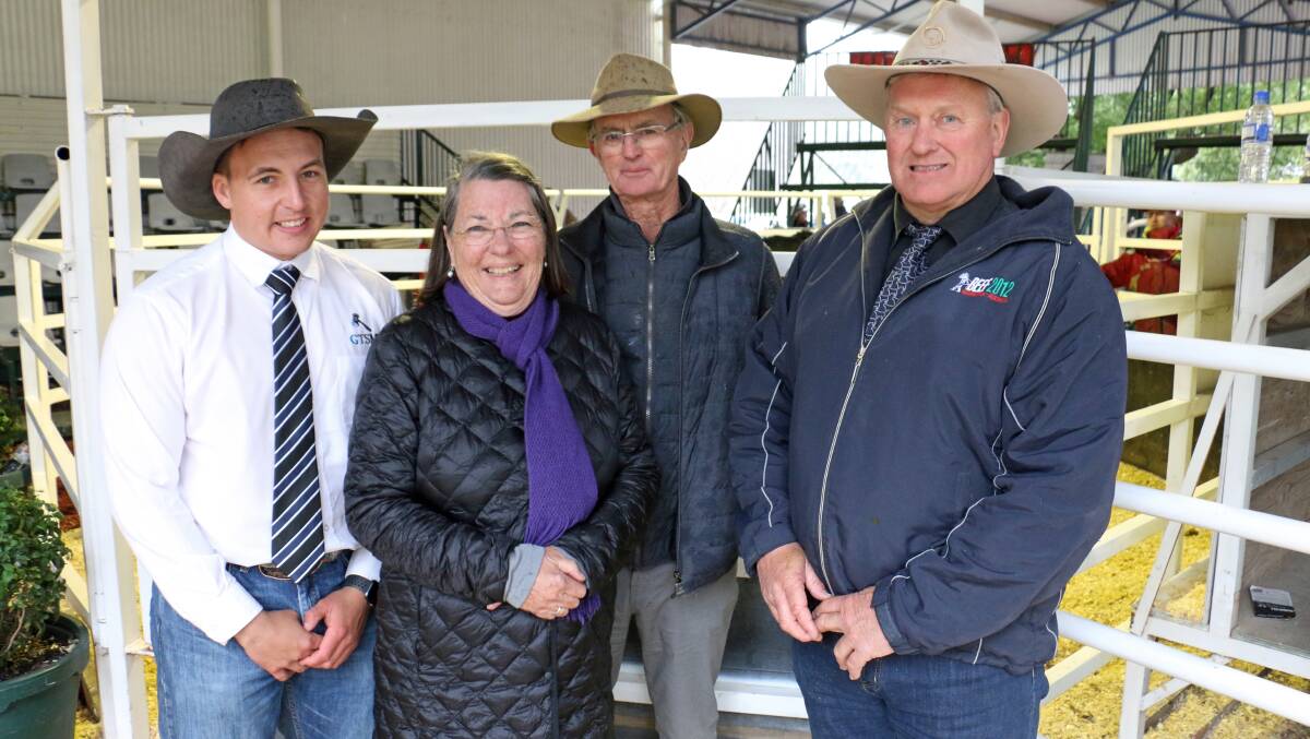 Repeat buyers: GTSM auctioneer Lincoln McKinlay, with top price buyers Judy and Graeme Houston, Houston Pastoral, Burrowye, and Reiland's Mark Lucas, after purchasing Reiland Ned N1164 for $17,000. All photos: Kim Woods