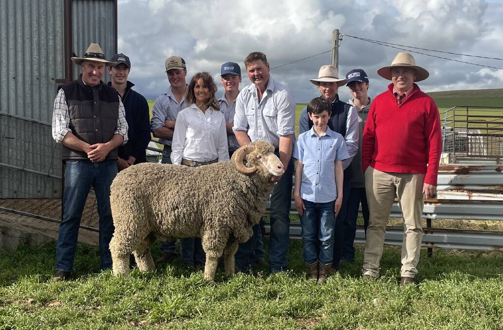 Top priced ram: Simon and Thomas King, Charlie, Jodie, Will and Mark Pendergast, Kristina, Alistair and Ryan King and Tim Scholfield, Elders, Cooma.