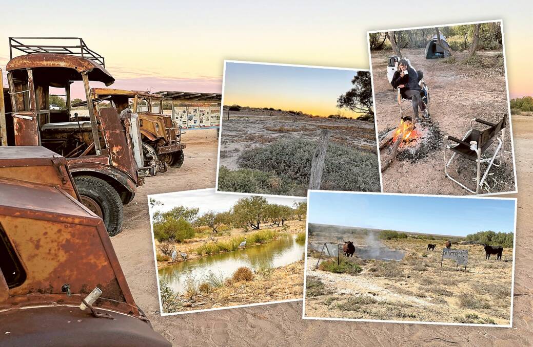 Line of trucks driven by Tom Kruse outside the Mungeranie Hotel; sunrise at Mungeranie; camping at Mungeranie; cattle at the Mirra Mitta Bore; and brolgas along the Birdsville Track.