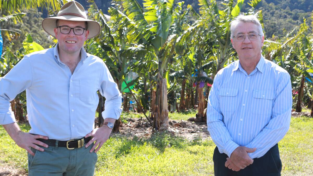 NSW Minister of Agriculture, Adam Marshall with the states first Agriculture Commissioner Daryl Quinlivan at a Coffs Harbour banana farm. Photo: NSW DPI
