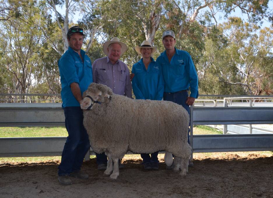 Jeremy McMahon, Bill Mildren and Margie and Sandy Pye at Caroonboon, Wanganella Dohne ram sale.