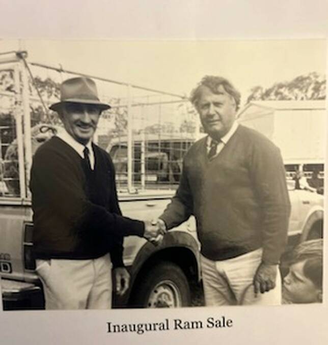 Don Phillips with Tony Dowe, stud stock auctioneer with Elders at the inaugural Yarrawonga ram sale in October 1983, at Oakvale, Yass. Picture supplied