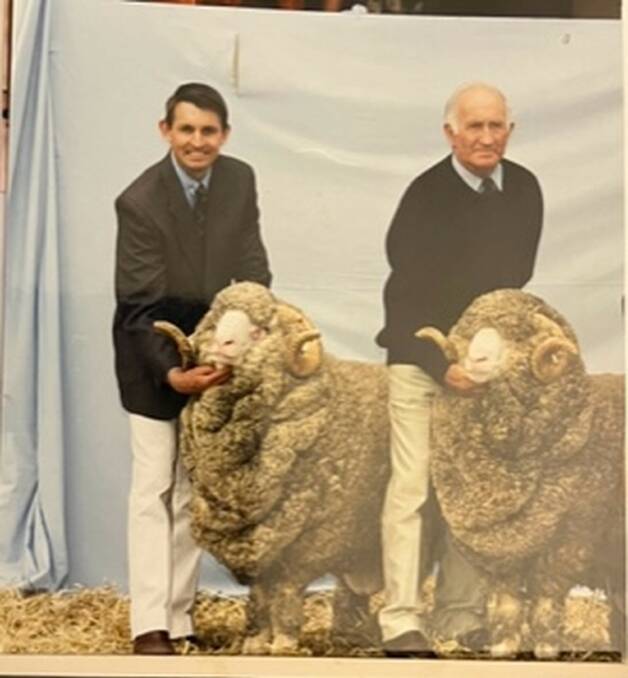 Steve and Don Phillips with their Yarrawonga Merino rams shown at Melbourne Sheep Show in 1993. Sold to WA $13,500 and Victoria $9000. Picture supplied