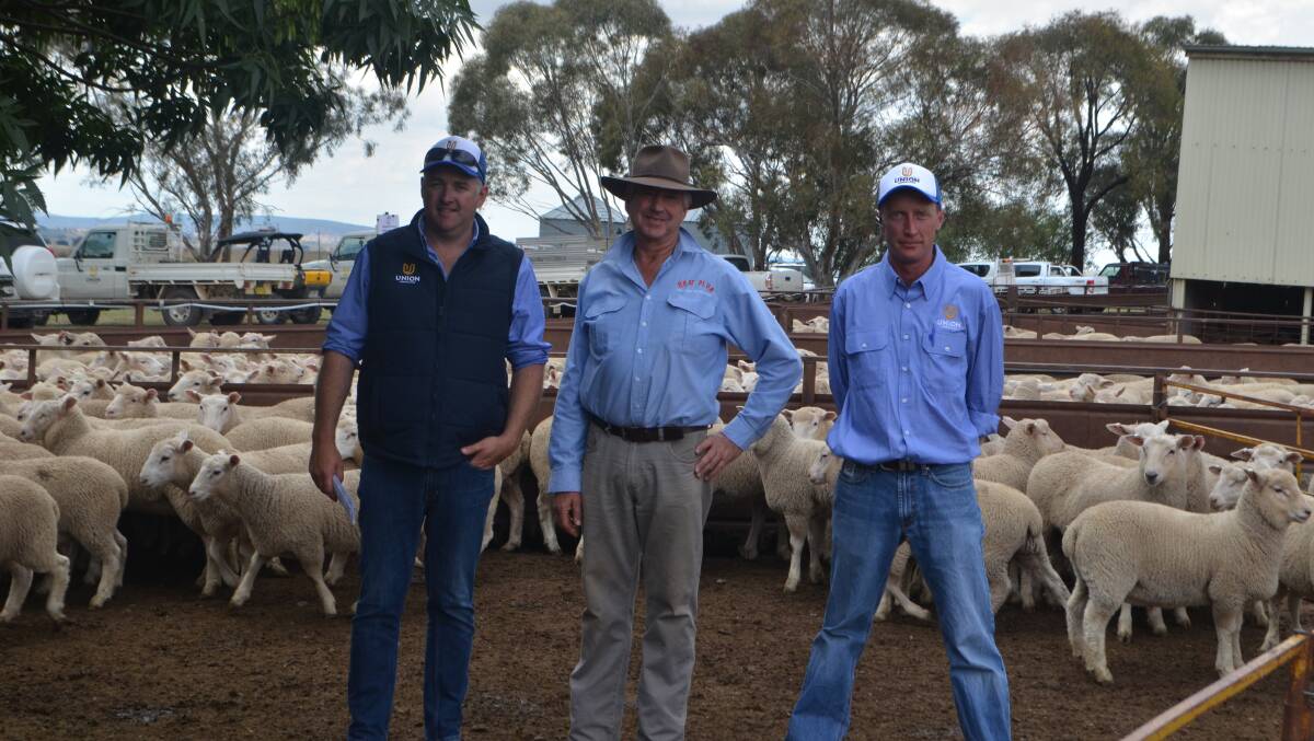 Bobbara Station, Galong manager Rob McColl with Tony Rutter, buyer of pen of 250 wether lambs for $136 on behalf of Oberon-based client and assistant manager Matt Cummins. The lambs weighed 40.8kg average. 