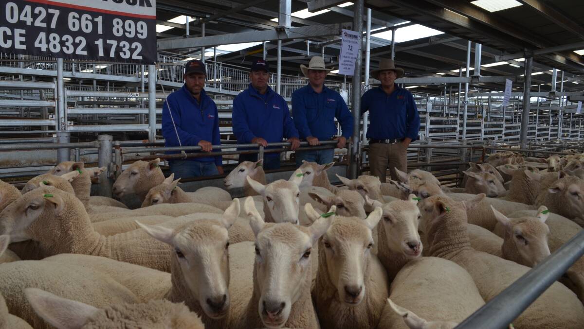 Duncombe and Co, Crookwell team who sold the best presented pen at $442 for G.W and J.E Maberly, Grabben Gullen - Tom Cooney, Jock Duncombe and Jake McKenzie with Rick Maslin, SELX, Yass.