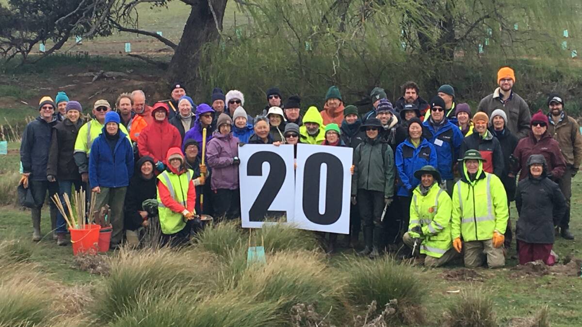 Volunteers from North Sydney Bushcare and the Boorowa Community Landcare Group celebrating 20 years of collaboration planting trees in the Boorowa district. Photo: Linda Cavanagh, Boorowa Community Landcare Group
