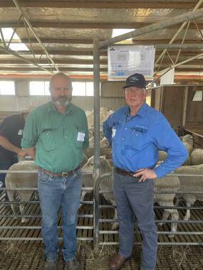 Jason Southwell, Orange, accredited Dohne sheep classer, with Allan Casey, Advanced Breeding Services, Orange, during the sire evaluation field day at Coonong Station, Urana.
