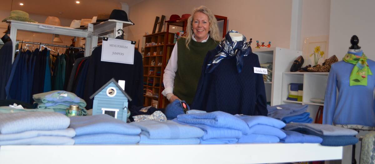 Fiona Beggs with her display of some of the natural fibre garments on sale at Monty and Moo, Wagga Wagga.