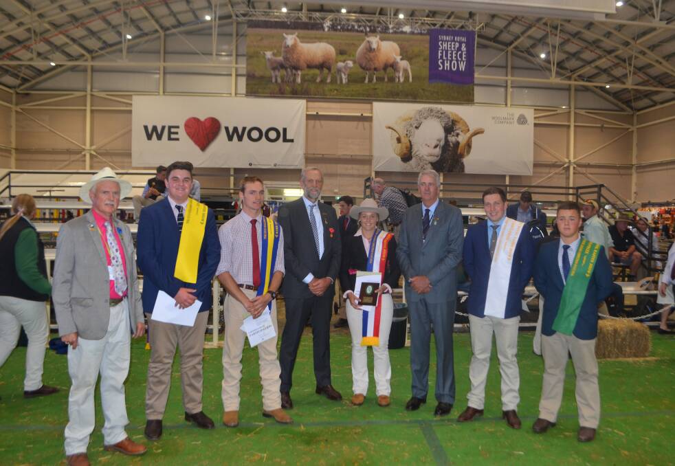 Katie Grimmett flanked by RAS vice-president Hunter White and ASC vice-president Tim Capp, with the placegetters in the competition along with over-judge Gavin Wall, Tintern Grammar, Ringwood East, Victoria.