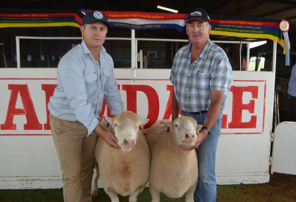 Stud co-principal Sam Armstrong, Armdale, Marrar with "Tobruk", Young, manager, Ian Butt, and the $3400 and $3500 rams bought on behalf of return client, Valerie Maroney.
