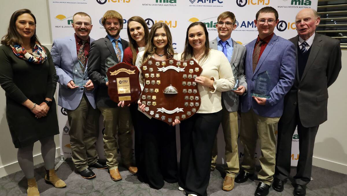 The Overall Champion Team - West Texas A&M University - pictured with MLA's Laura Garland (far left) and ICMJ Australia founder John Carter (far right).
