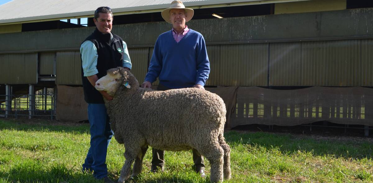 Sean Carroll, Pooginook overseer, with Rick Robertson, Bengworden, Victoria and his $4,000 ram. "The type of dual-purpose sheep I am looking for"
