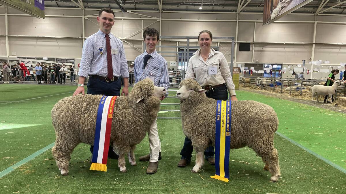 Champion and reserve champion ewe - judge Jack Finch, SBBL, Sydney with Alex Gorey, St Gregory's College, Campbelltown and Katrina Abbott, Boolina, Wambool.
