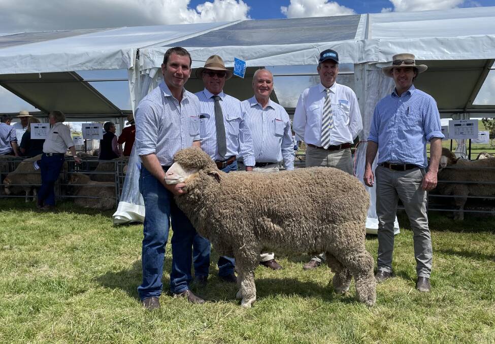 George Henderson parading the top priced ram admired by Michael Elmes, Kim Henderson, Paul Dooley, and buyer Henry Armstrong, Pemcaw Merinos, Dunedoo.