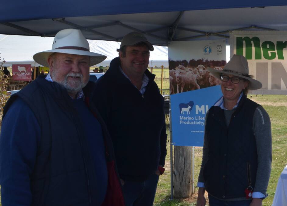 In the MerinoLink tent were Tony Hill, Stockingbingal, Steve Jarvis, Boorowa and Sally Martin, Young.