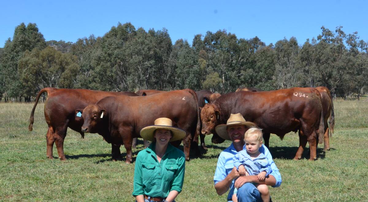 Gemma Wilkinson, Tumbleton, Wallendbeen purcahsed a Red Composite bull for $10,000 and is pictured with Hicks Beef co-principal Tom Hicks and his son Freddy.