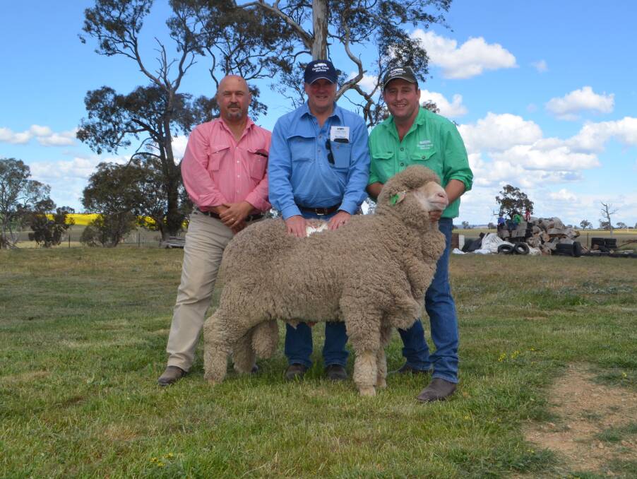 Elders Goulburn wool manager Craig Pearsall, with Tom Gunthorpe, Kangiara and his purchase at $5500 paraded by Grassy Creek Merinos studmaster, Michael Corkhill.