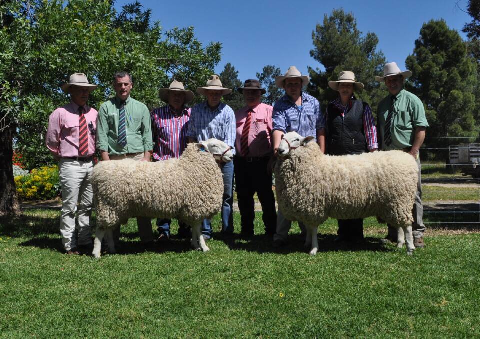 Top-price rams with Graham and Isabella Grinter, buyers Curtis Barber and Ben Simmons and the selling team.

