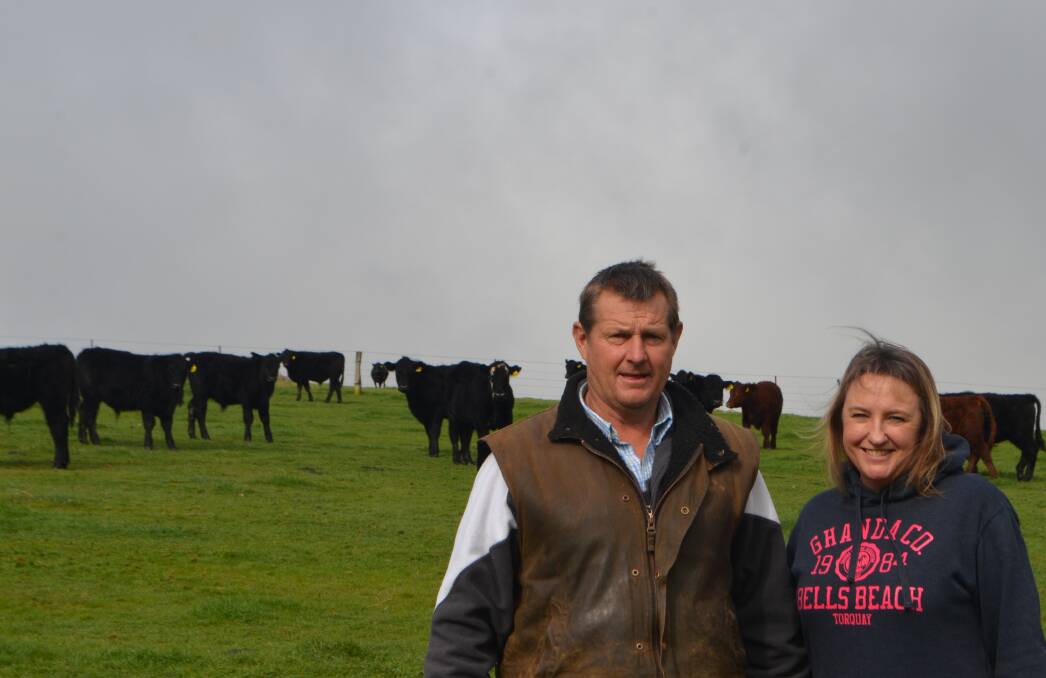 Glenn and Heather Murray, with a draft of their Shorthorn Angus cross steers 10-11 months. They said they want to keep the black colour as best they can.