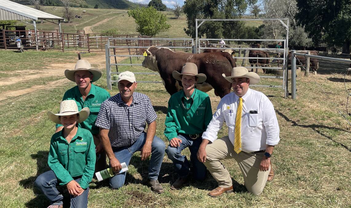 With the top priced bull - Lily and James Pearce, YavenVale, Adelong, buyer Alvio Trovatello, Kyneton, Victoria, Harry Pearce and James Brown, Ray White GTSM, Albury.

