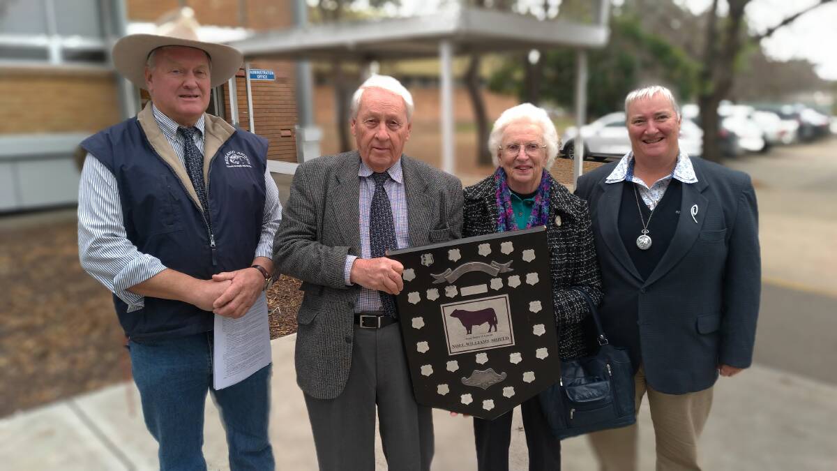 Noel Williams Shield: NSW State Angus Committee representatives Mark Lucas and Richard Buck with Angus breeders Margaret and Christine Brooker at the Shield's presentation. Photo: supplied