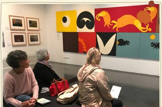 At the Albury Library Museum, visitors are contemplating the artwork of Jenny Bell entitled Lifestyle, 2019 when she visited the Coughlan family, Mt Narra Narra, Holbrook. Photo: Earth Canvas