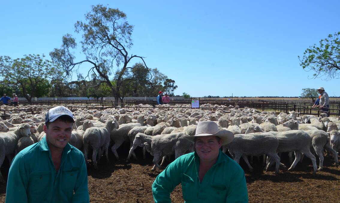 James Patterson, Hells Gate, Balranald and Dave Kennedy, manager Berrawinia, Maude with their pen of 219 Merino ewes sold for $164.