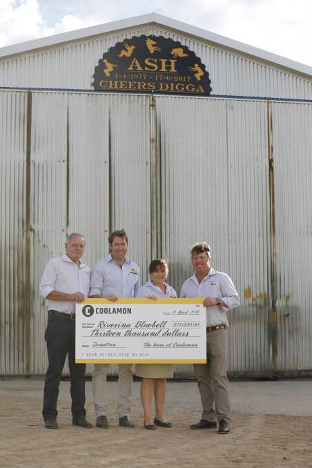 Ends

Mac Armytage, Riverina Bluebell, Heath Hutcheon and Tanya Edyvean, Coolamon Chaser Bins, and Chris Wilson, Riverina Bluebell, during the hand over of money raised at six national field days. Photo: supplied