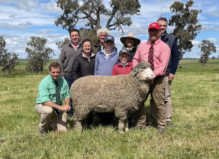 Rick Power, Mick and Jane Corkhill, Pete Campbell, Hughie and Toby Corkhill, Jane Campbell, Craig Pearsall and Mark Hedley with the top priced ram. 